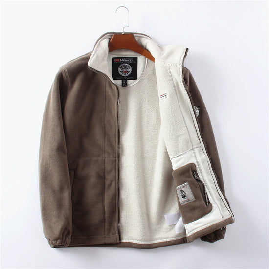 Fleece-lined polar fleece jacket, brown with white shearling-style lining