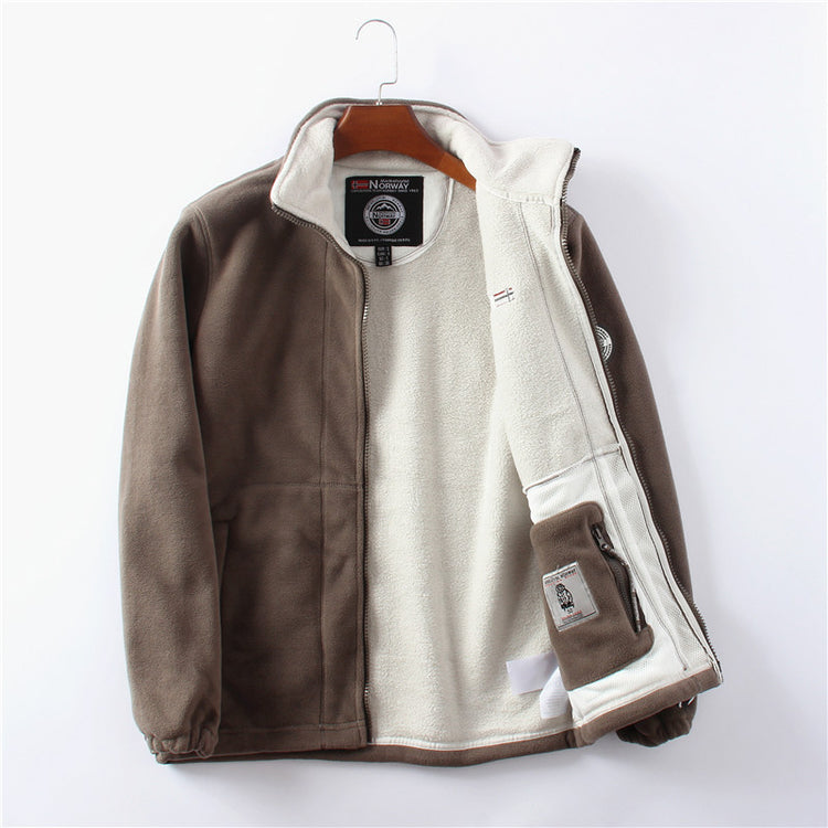Fleece-lined polar fleece jacket, brown with white shearling-style lining