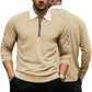 Khaki waffle-knit zip-up shirt, long sleeves, white lapel collar, quarter zipper