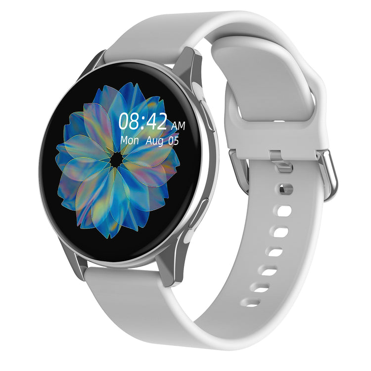 Smartwatch with silver case and white silicone band, black screen with blue flower graphic.
