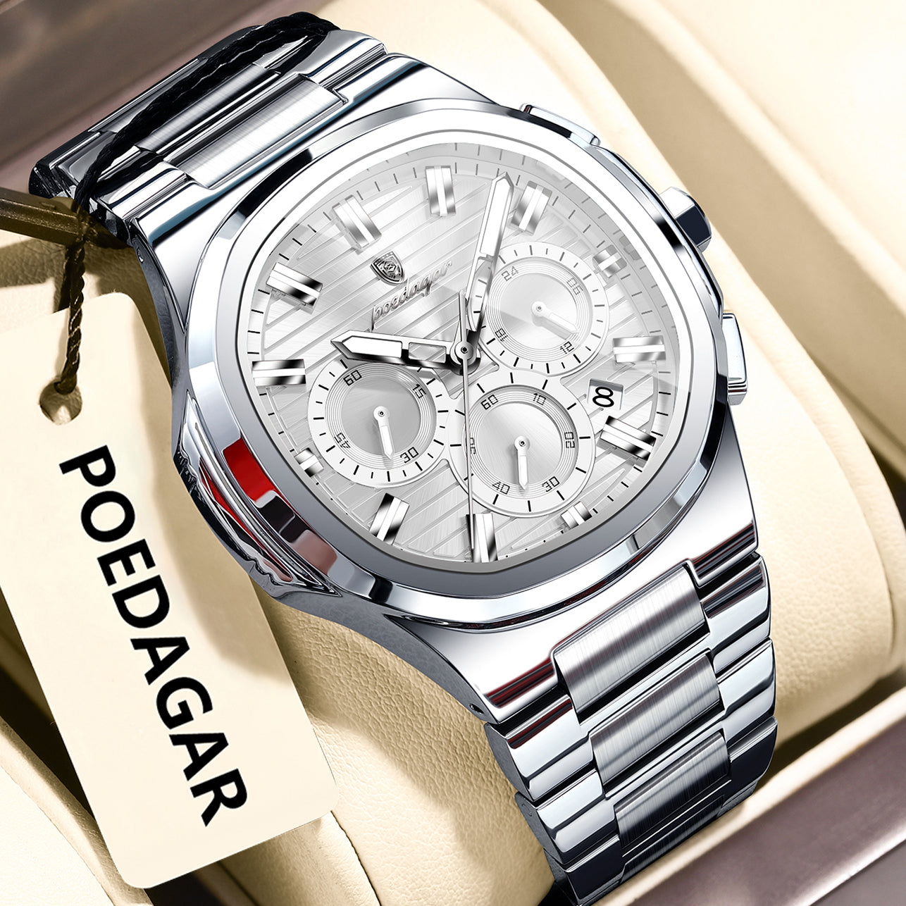 Men’s multifunction luminous watch with silver metal bracelet and white-toned dial, round multi-dial face