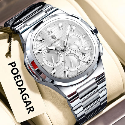 Men’s multifunction luminous watch with silver metal bracelet and white-toned dial, round multi-dial face