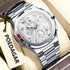 Men’s multifunction luminous watch with silver metal bracelet and white-toned dial, round multi-dial face