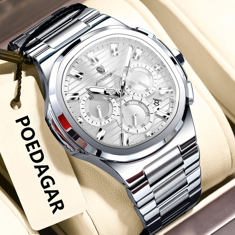 Men’s multifunction luminous watch with silver metal bracelet and white-toned dial, round multi-dial face