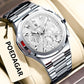 Men’s multifunction luminous watch with silver metal bracelet and white-toned dial, round multi-dial face