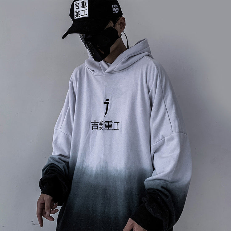 Gradient hoodie with hood and kangaroo pocket, front chest graphic print.