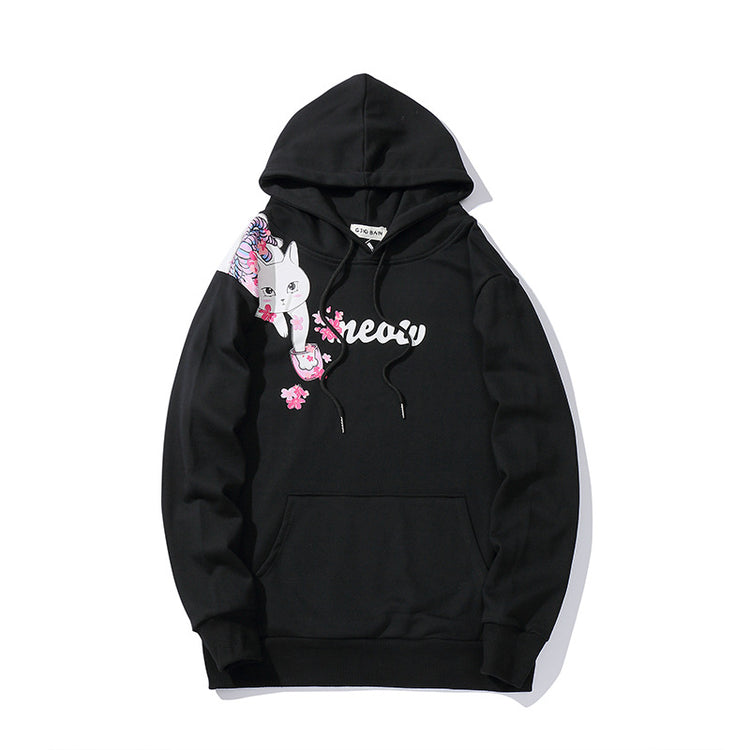 Black cat print hoodie with zip hood, drawstrings, and kangaroo front pocket
