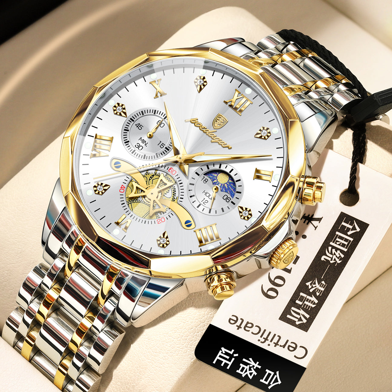 Men’s quartz watch with white dial, gold bezel, and two-tone metal bracelet strap