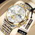 Men’s quartz watch with white dial, gold bezel, and two-tone metal bracelet strap