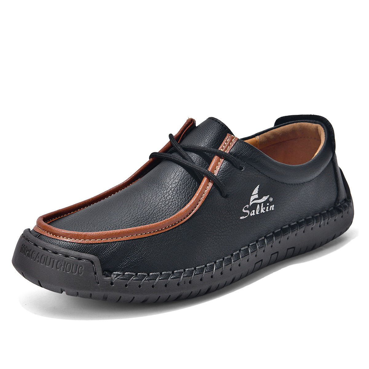 Black lace-up casual soft-soled shoes with brown trim and black laces