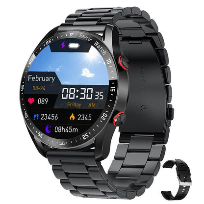 Smart watch with black round display and black metal link strap