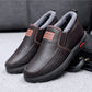 Fleece-lined waterproof slip-on shoes, coffee-brown leather pair with fleece-lined opening