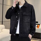 Men’s relaxed-fit casual denim jacket, black, button-up front with chest pockets