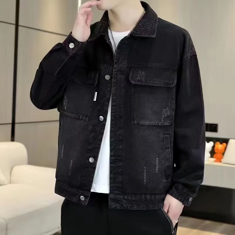 Men’s relaxed-fit casual denim jacket, black, button-up with chest pockets and flap details