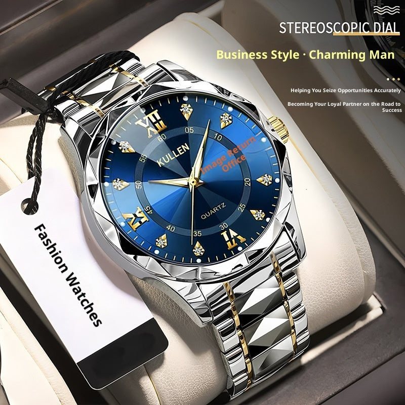 Quartz wristwatch with blue dial and luminous hour markers, silver bracelet with gold links