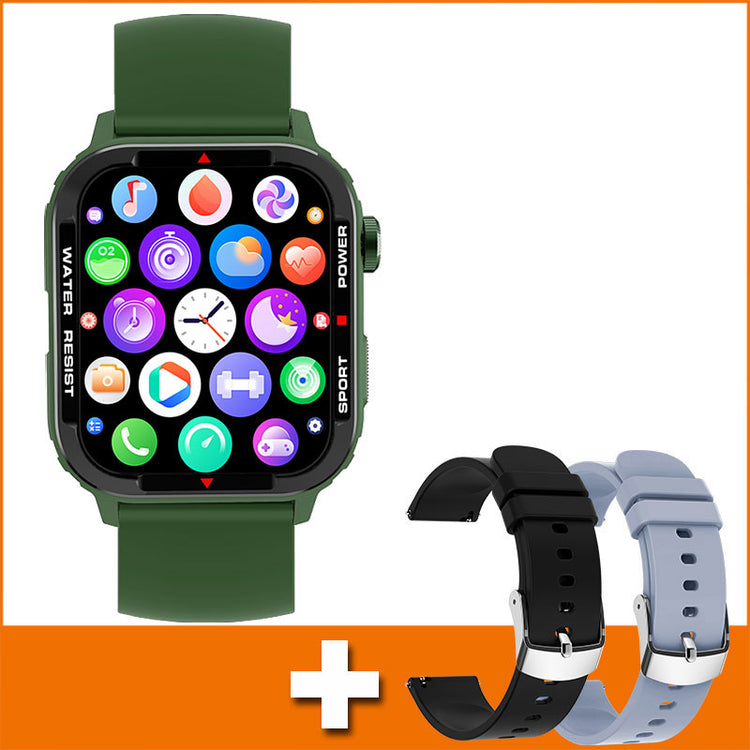 Smartwatch with green silicone band and included extra straps in black and light blue
