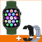 Smartwatch with green silicone band and included extra straps in black and light blue