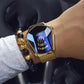 Gold-tone smartwatch with blue digital face and black bead bracelet with gold Pixiu charm