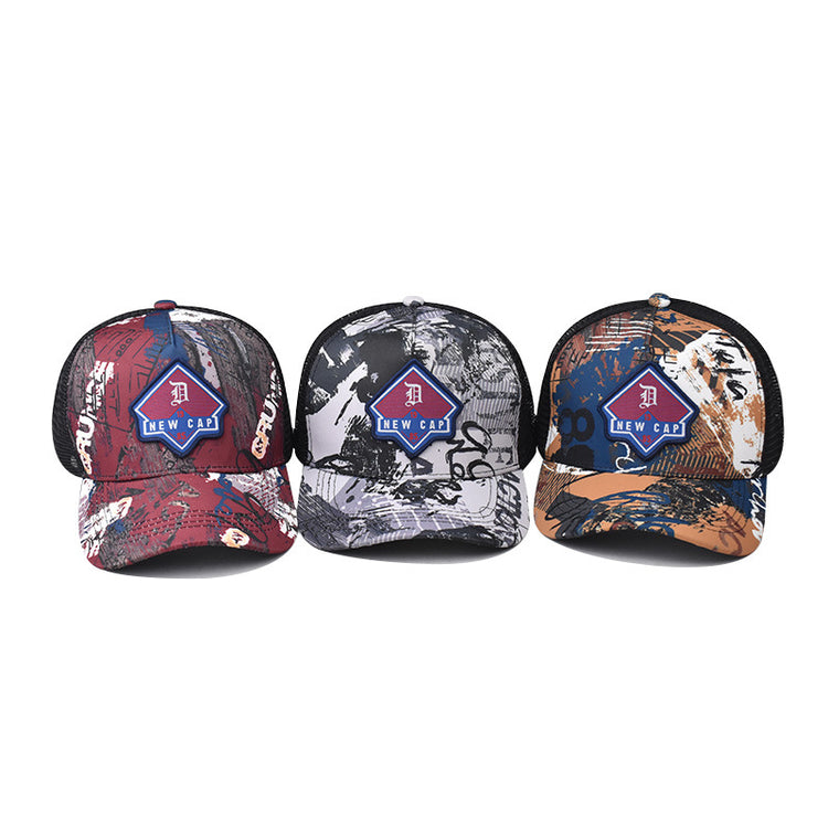 Set of three graffiti baseball caps: red, black/gray, and tan with mesh sides