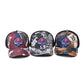 Set of three graffiti baseball caps: red, black/gray, and tan with mesh sides