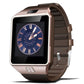 Smart watch with analog clock face, rose gold case, dark brown silicone strap