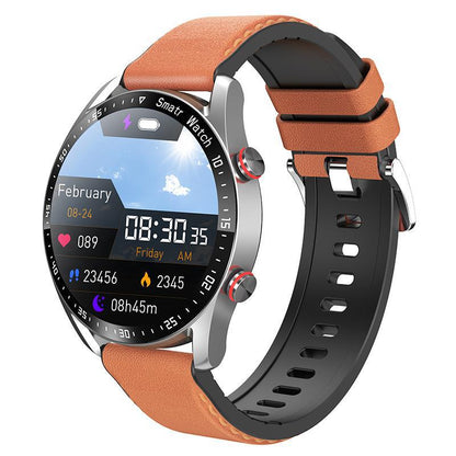 Smart watch with round display and orange leather-style band with black case