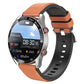 Smart watch with round display and orange leather-style band with black case