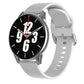 Smartwatch with gray case and white silicone band, round black face with analog time.