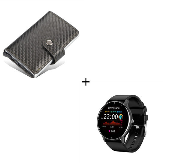 PulseMate Pro smartwatch with black silicone strap and dark coffee wallet accessory