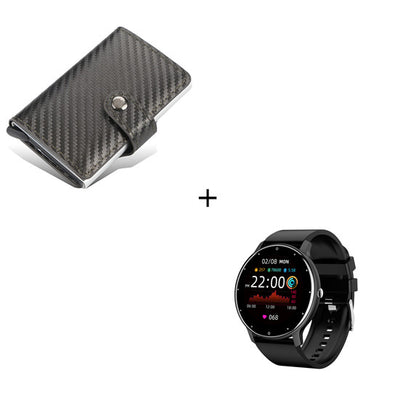 PulseMate Pro smartwatch with black silicone strap and dark coffee wallet accessory