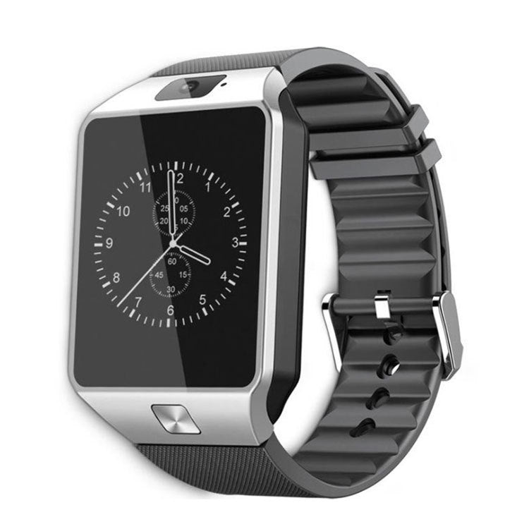 Smart watch with analog clock face, silver case, dark gray silicone strap