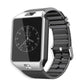 Smart watch with analog clock face, silver case, dark gray silicone strap