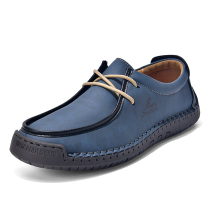 Blue lace-up casual soft-soled shoes with beige laces and stitched edge