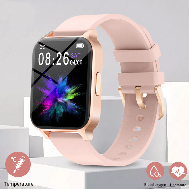 Health detection smartwatch with light pink silicone strap and square color display
