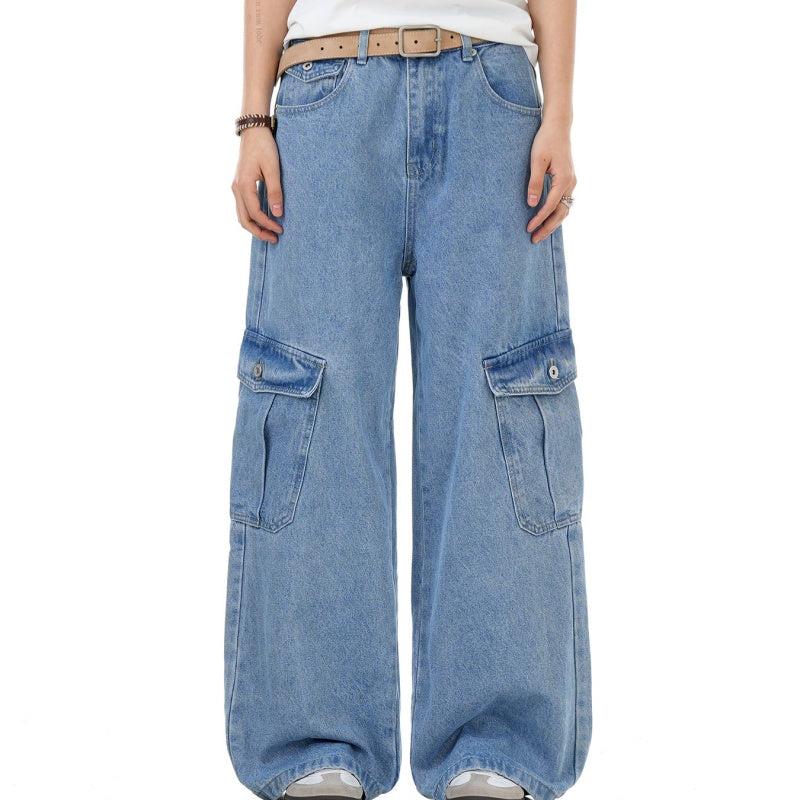 Denim workwear jeans in light blue with wide legs and two front cargo pockets