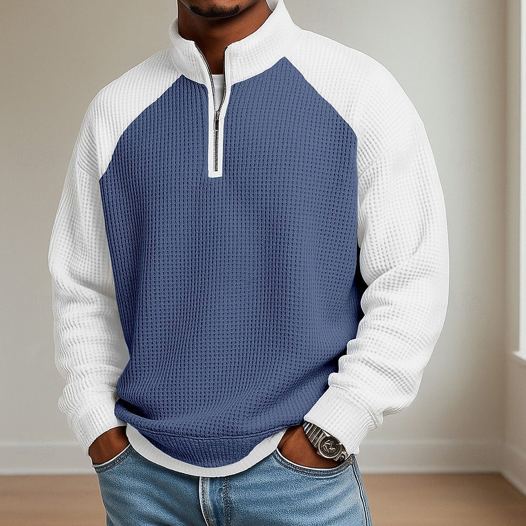 Color-block half-zip long-sleeve polo shirt in navy blue with white sleeves