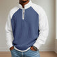 Color-block half-zip long-sleeve polo shirt in navy blue with white sleeves