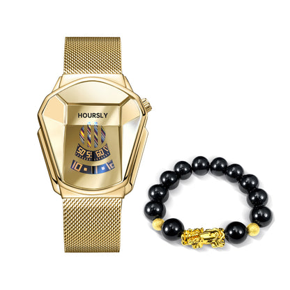 Gold-tone smartwatch with gold digital face and black bead bracelet with gold Pixiu charm