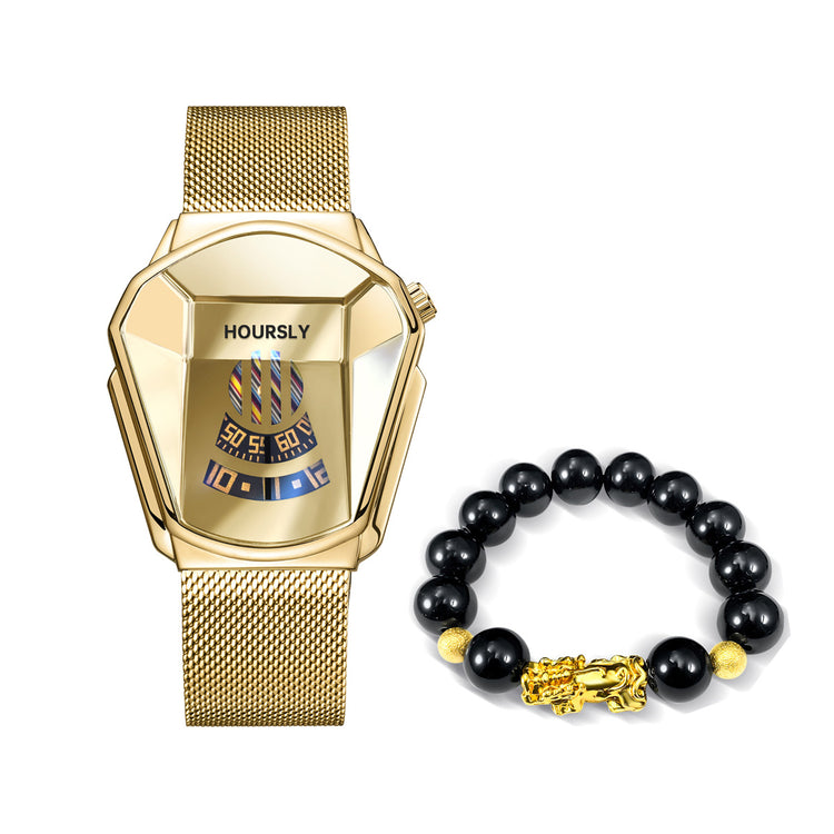 Gold-tone smartwatch with gold digital face and black bead bracelet with gold Pixiu charm