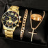 Quartz watch set with gold-tone watch, curb bracelet, gold cross pendant, and gold ring