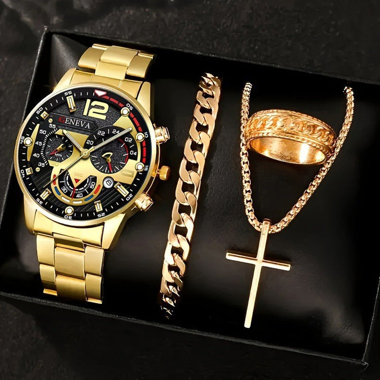 Quartz watch set with gold-tone watch, curb bracelet, gold cross pendant, and gold ring