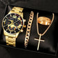 Quartz watch set with gold-tone watch, curb bracelet, gold cross pendant, and gold ring