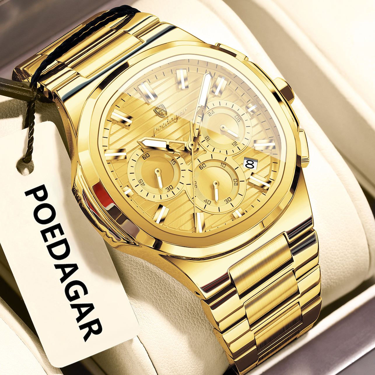 Men’s multifunction luminous watch with gold metal bracelet and case, pale gold dial with subdials