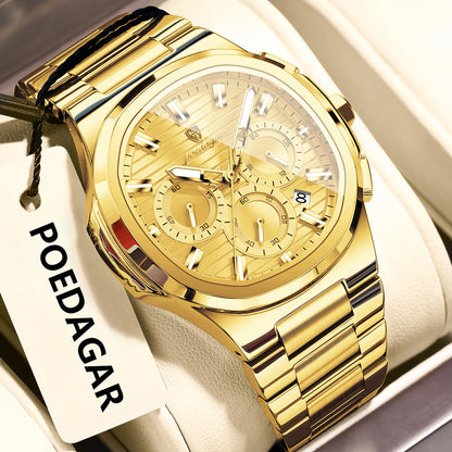 Men’s multifunction luminous watch with gold metal bracelet and case, pale gold dial with subdials