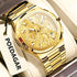 Men’s multifunction luminous watch with gold metal bracelet and case, pale gold dial with subdials