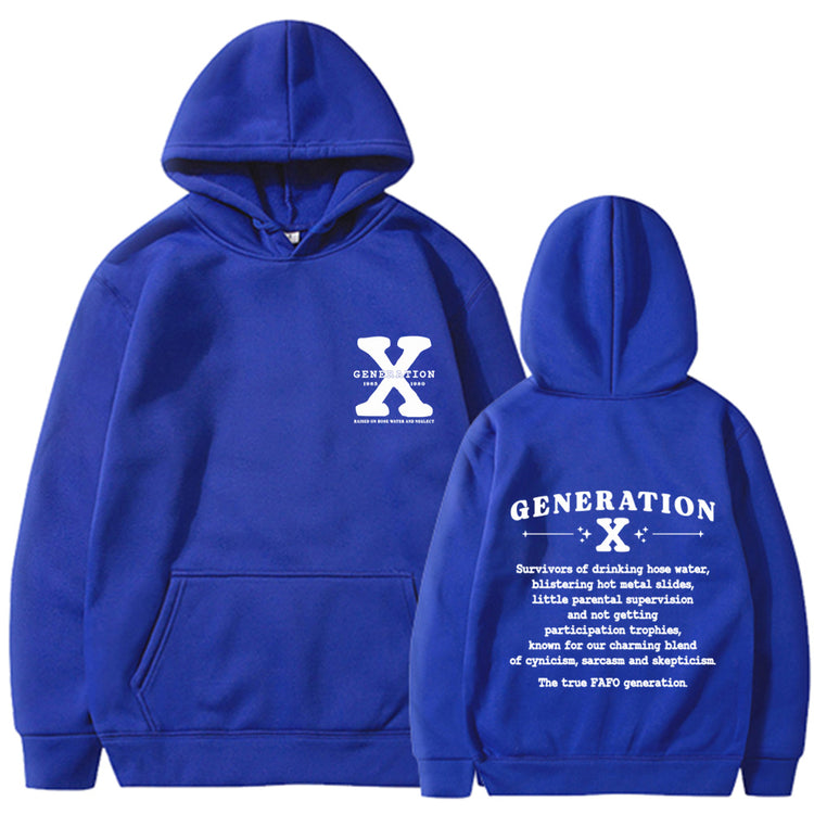 Loose hoodie in royal blue with hood, front pouch pocket, and chest/back graphic print.