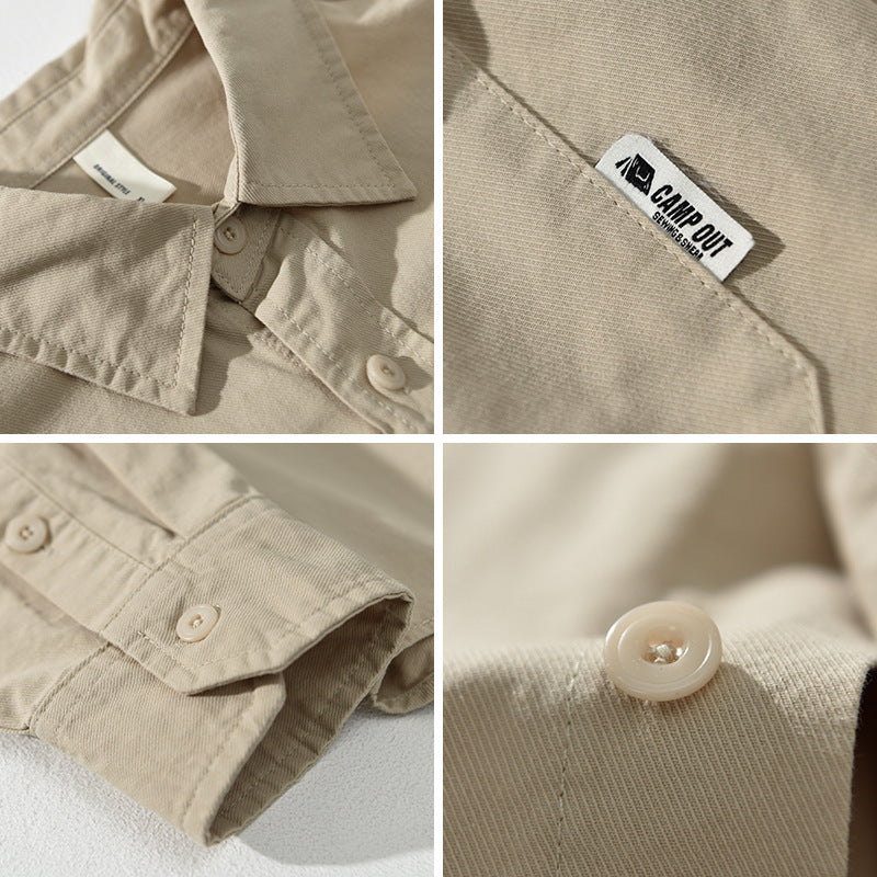 Khaki/beige shirt jacket details: CAMDOUT brand patch and buttoned cuffs