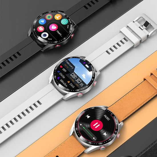 Smart watch with round screen and silver case on white and orange leather-style straps
