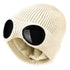 Beige knit beanie with windproof goggle inserts and faux-fur ear covers