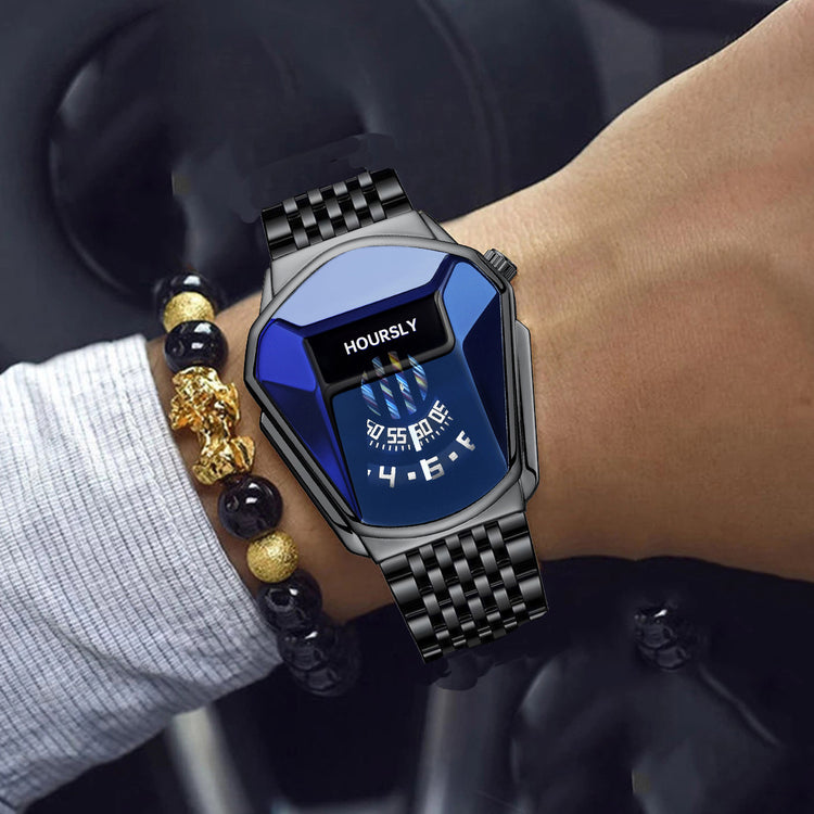 Silver-tone smartwatch with blue digital face and black bead bracelet with gold Pixiu charm